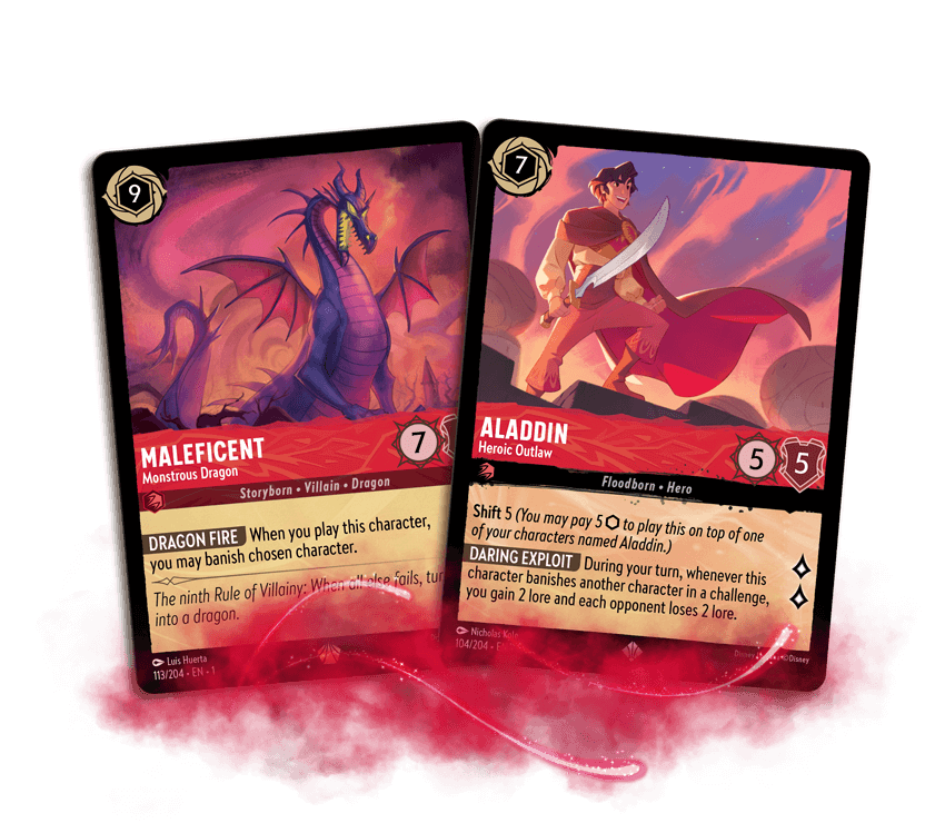 Two Ruby ink cards, featuring Maleficent and Aladdin
