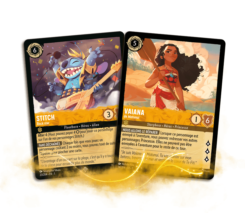 Fan of Amber cards, showing examples featuring Stitch and Vaiana