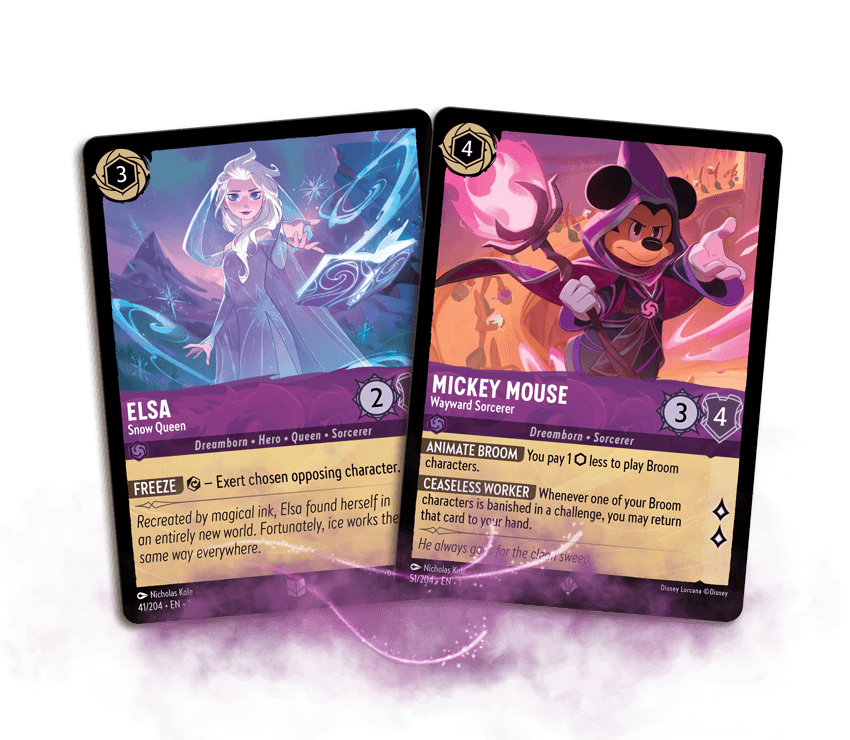 Two Amethyst inkling cards; on the left is Elsa, and on the right, Mickey Mouse
