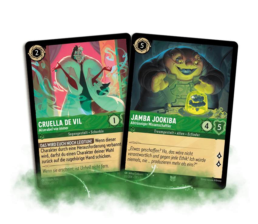 Image of two Emerald cards, featuring Cruella De Vil and Jamba Jookiba