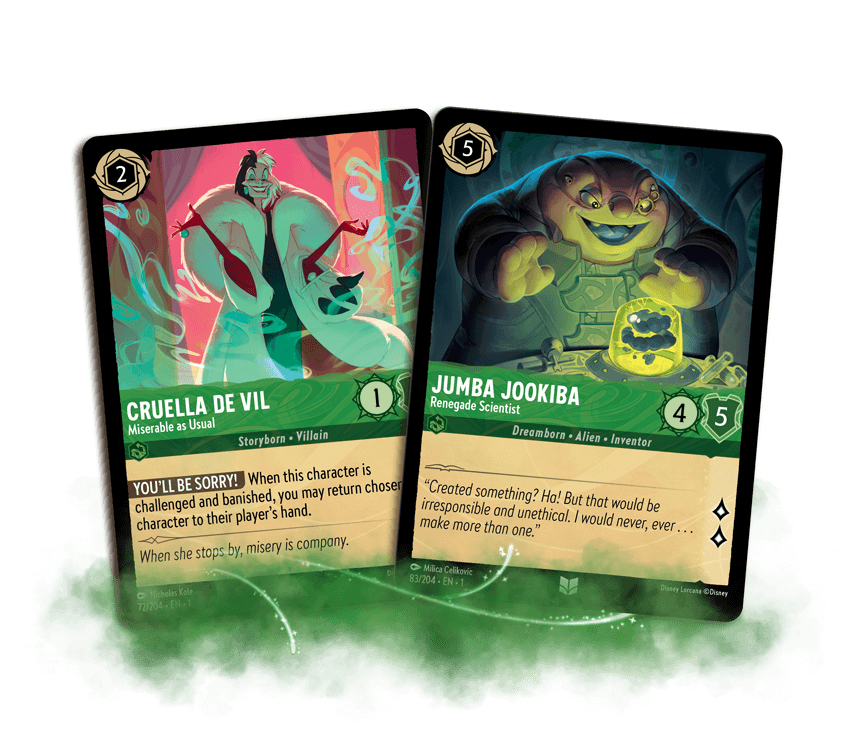 Image of two Emerald cards, featuring Cruella De Vil and Jumba Jookiba