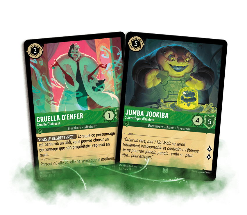 Image of two Emerald cards, featuring Cruella D'Enfer and Jumba Jookiba