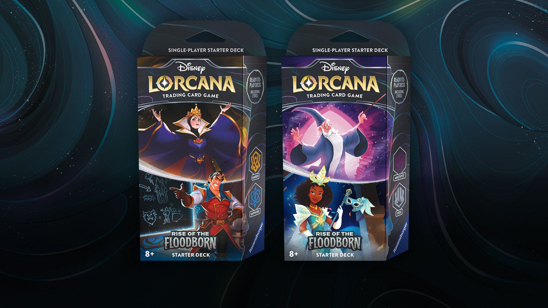 Disney Lorcana: Rise of the Floodborn Starter Decks (Amber/Sapphire or Amethyst/Steel)