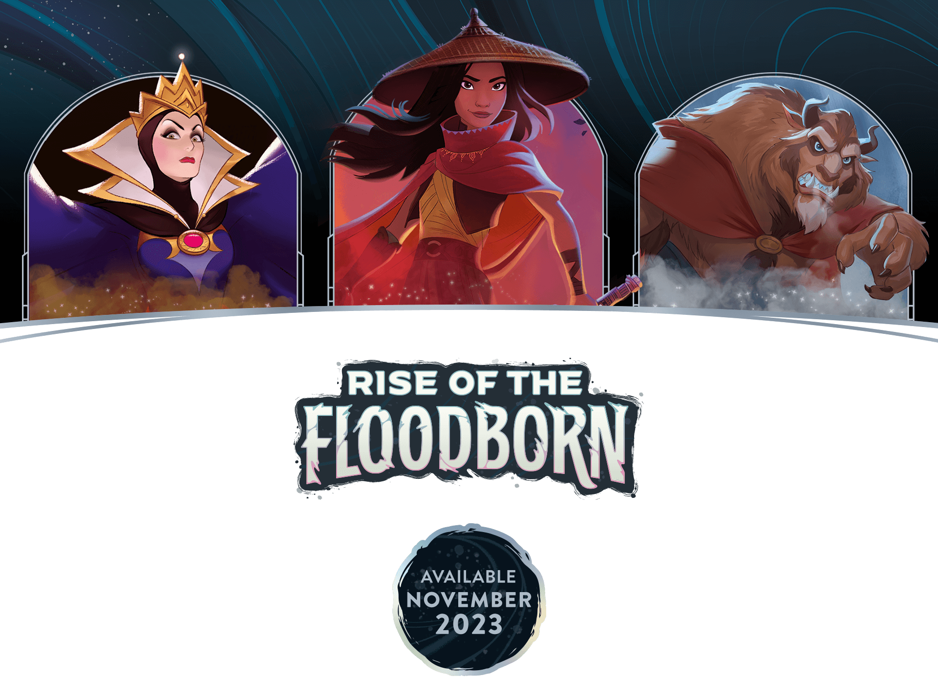 Decorative header image showing three characters (left to right: The Queen, Raya, Beast) and a logo that says RISE OF THE FLOODBORN