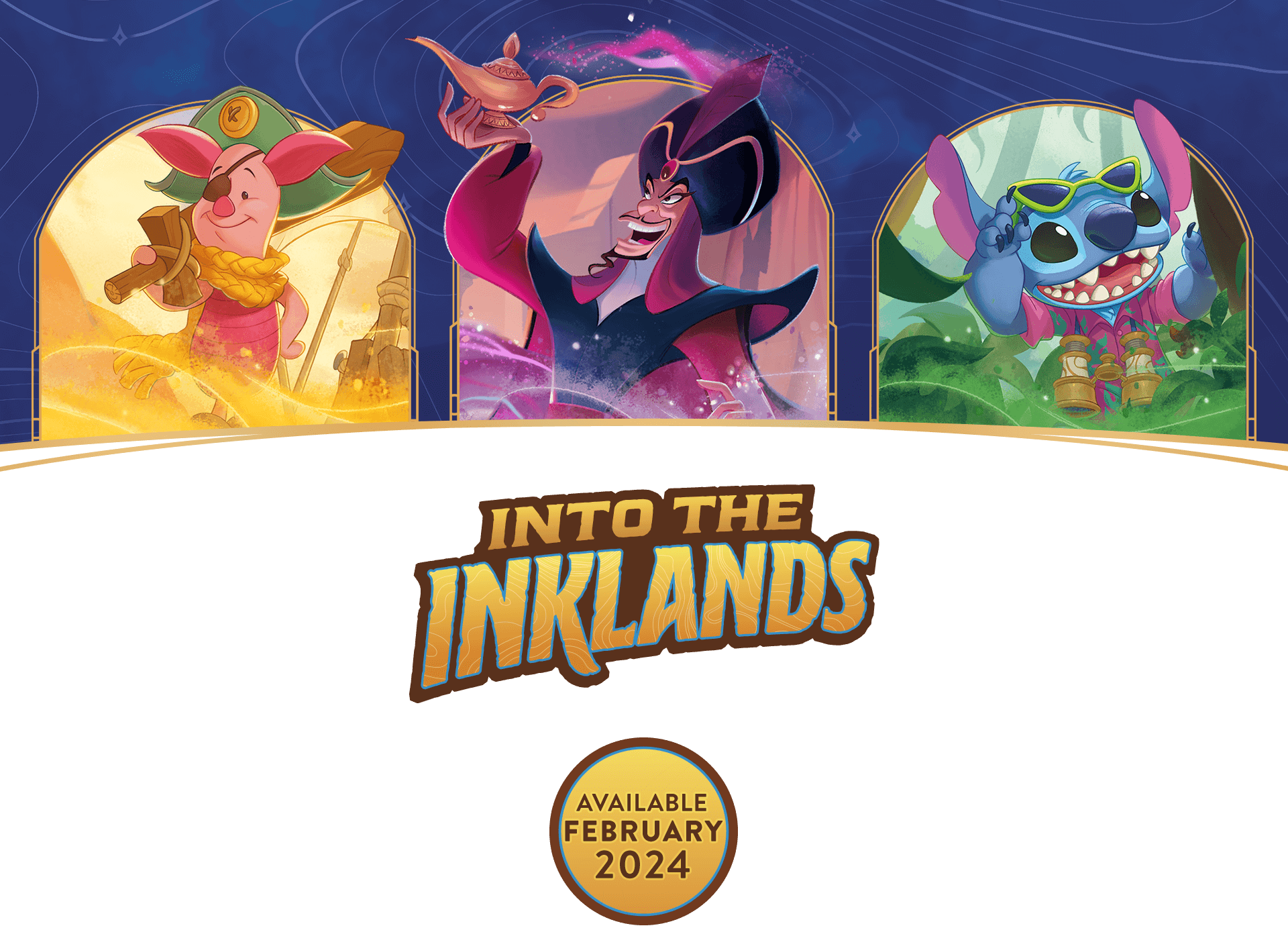 Decorative header image showing three characters (left to right: Piglet, Jafar, Stitch) and a logo that says INTO THE INKLANDS. Available February 2024