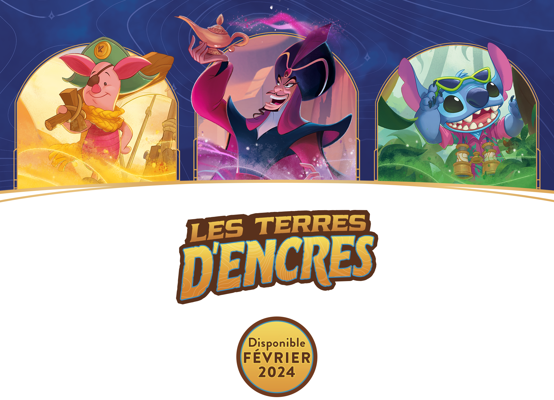 Decorative header image showing three characters (left to right: Piglet, Jafar, Stitch) and a logo that says Les Terres D'Encres. Available February 2024