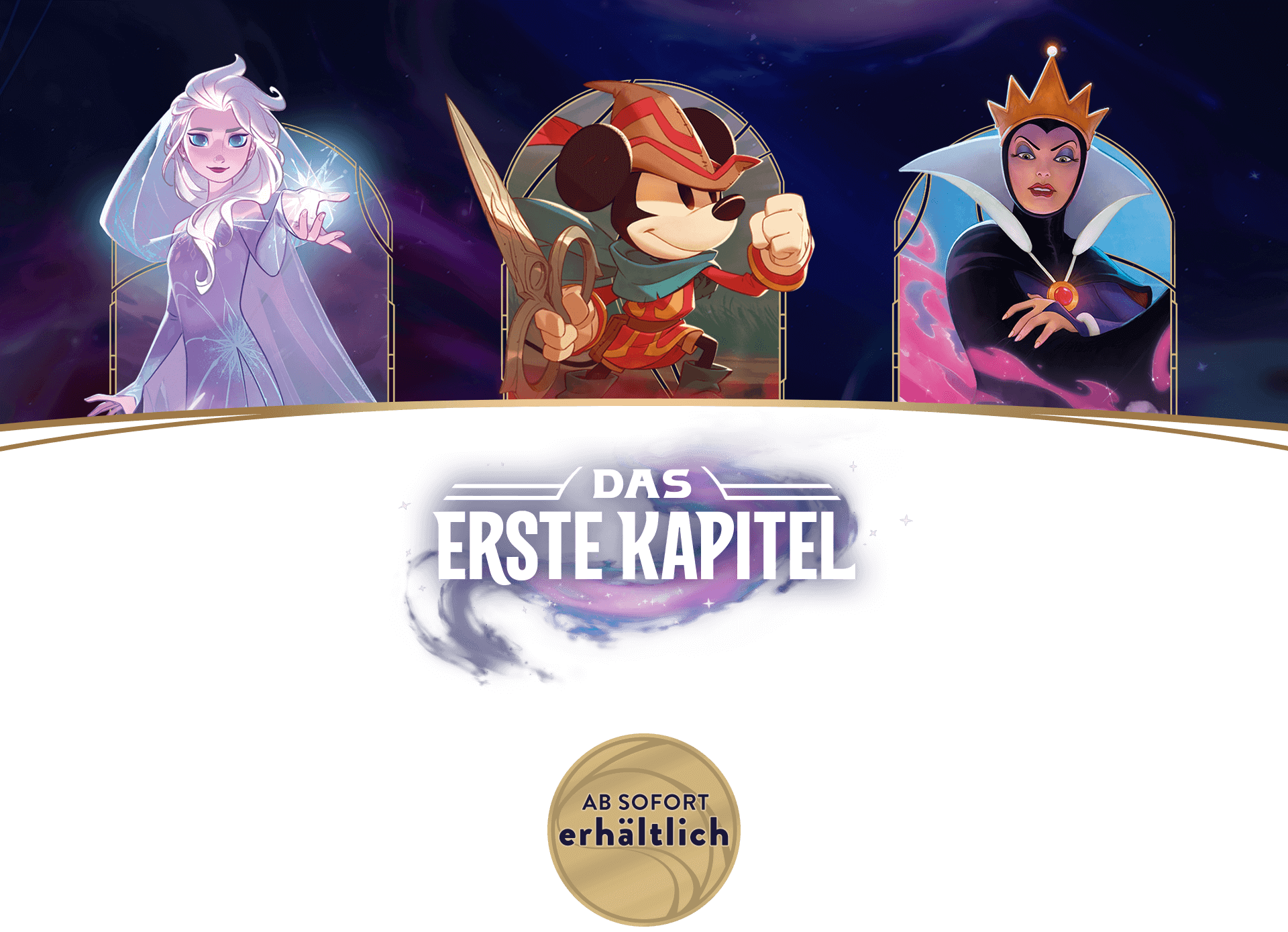 Decorative header image showing three characters (left to right: elsa, mickey, queen grimhilde) and a logo that says DAS ERSTE KAPITEL.