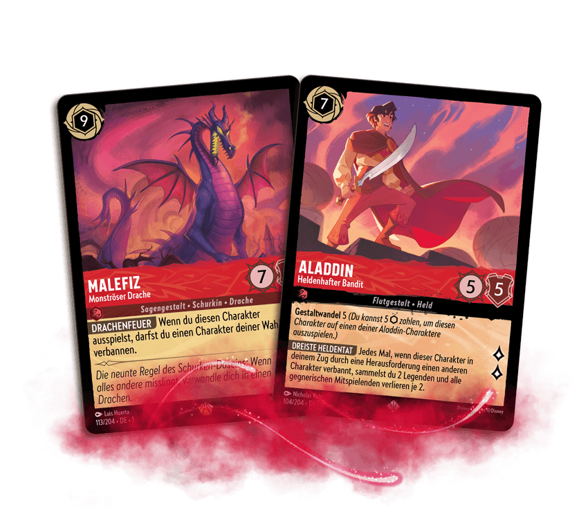 Two Ruby ink cards, featuring Malefiz and Aladdin