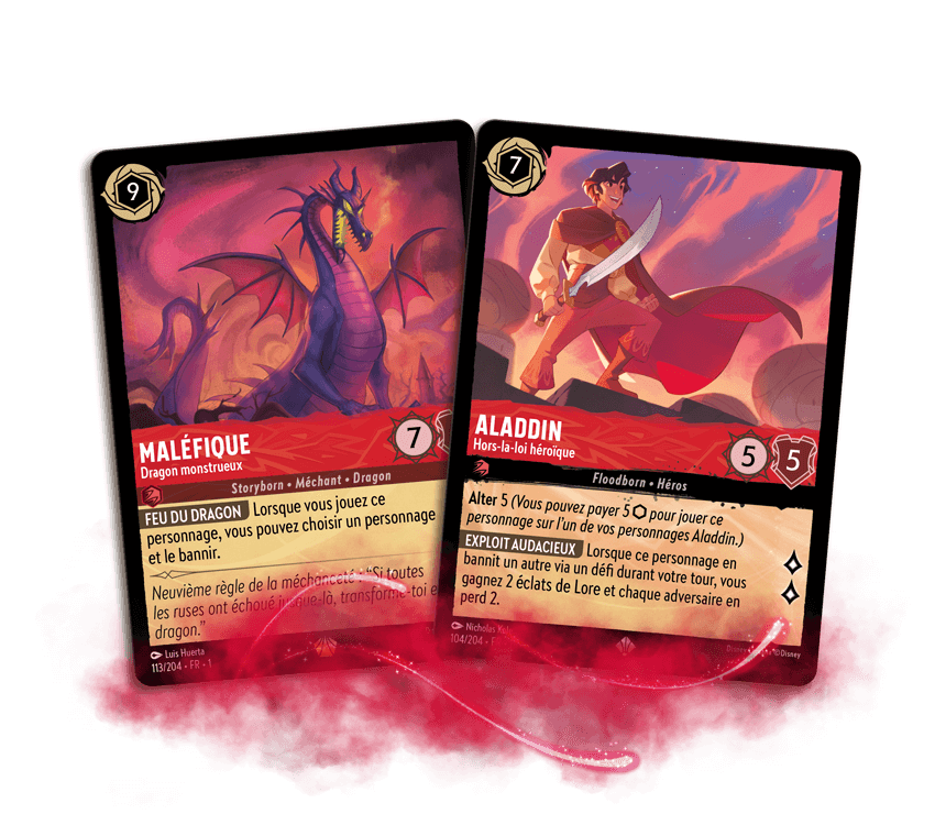 Two Ruby ink cards, featuring Maléfique and Aladdin