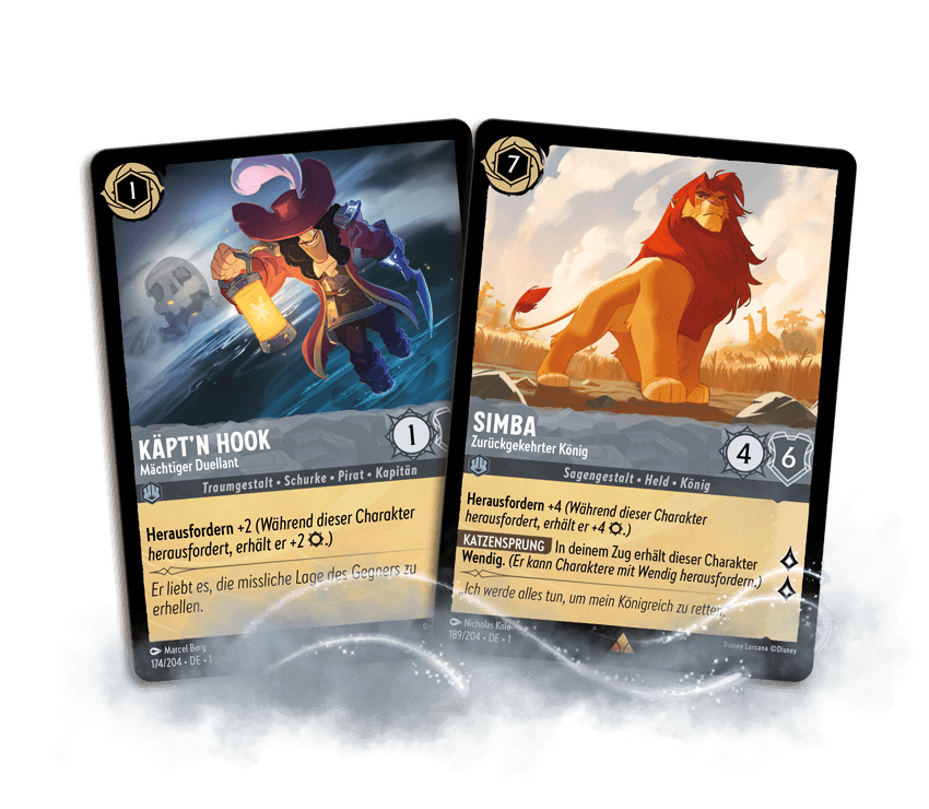 Image of two Steel cards, showing Käpt'n Hook and Simba