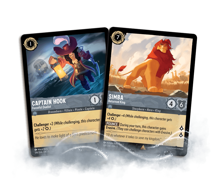 Image of two Steel cards, showing Captain Hook and Simba