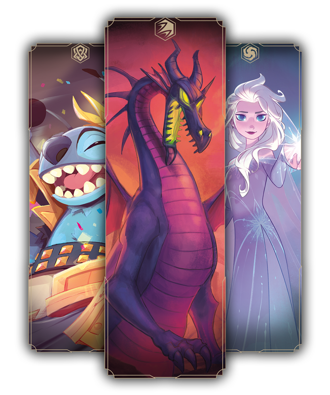 Three decorative images of Stitch, Maleficent as a dragon, and Elsa