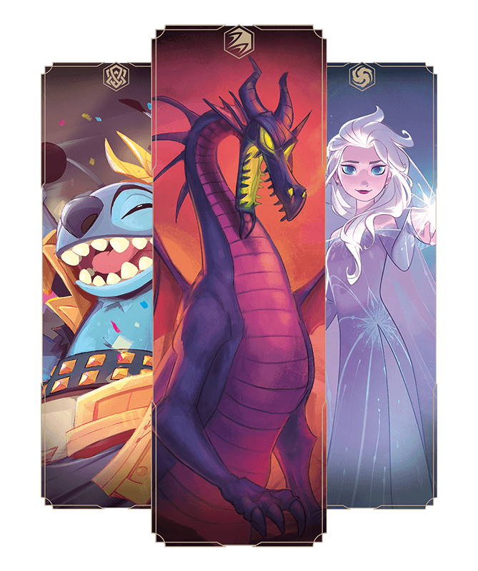 Three decorative images of Stitch, Maleficent as a dragon, and Elsa