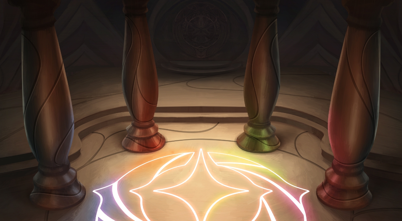 Image of an empty room. There are four decorative pillars and a glowing magical Lorcana sigil on the floor.